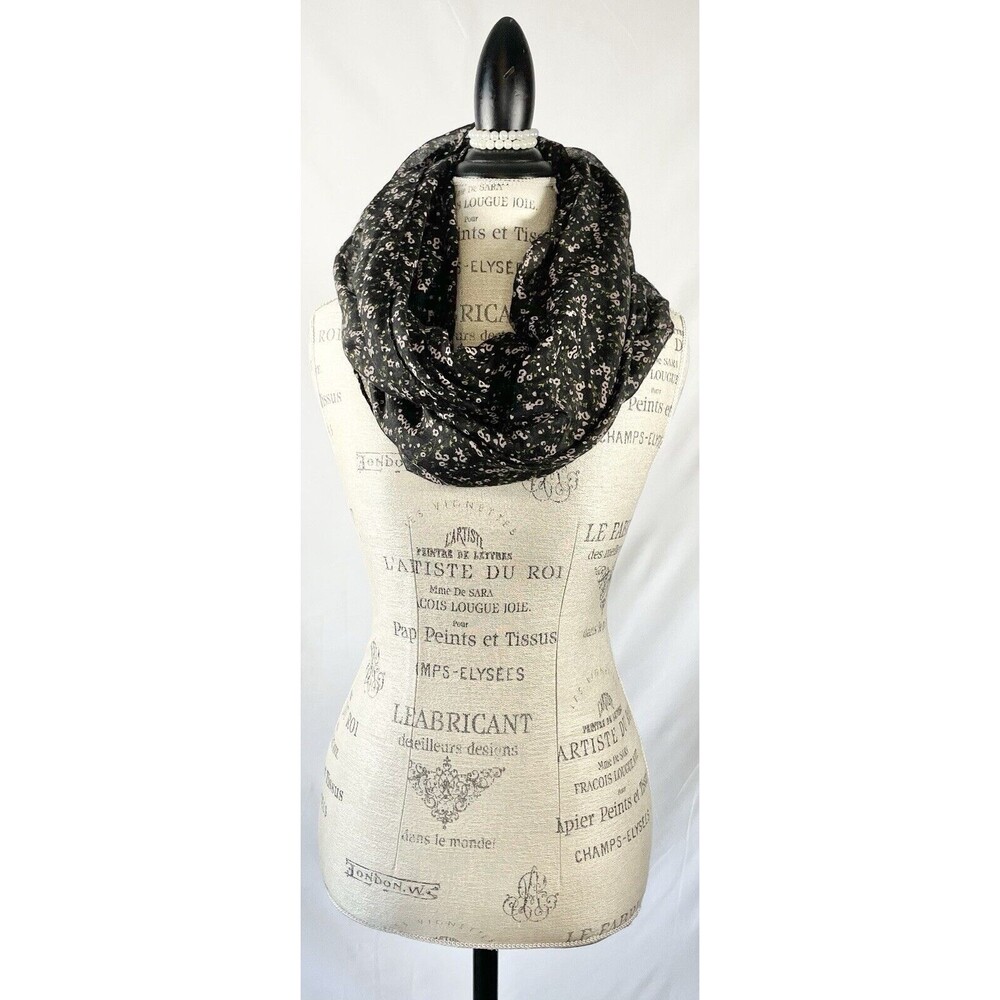 Floral Infinity Scarf Wide Circle Loop Soft Black Tan Lightweight Long